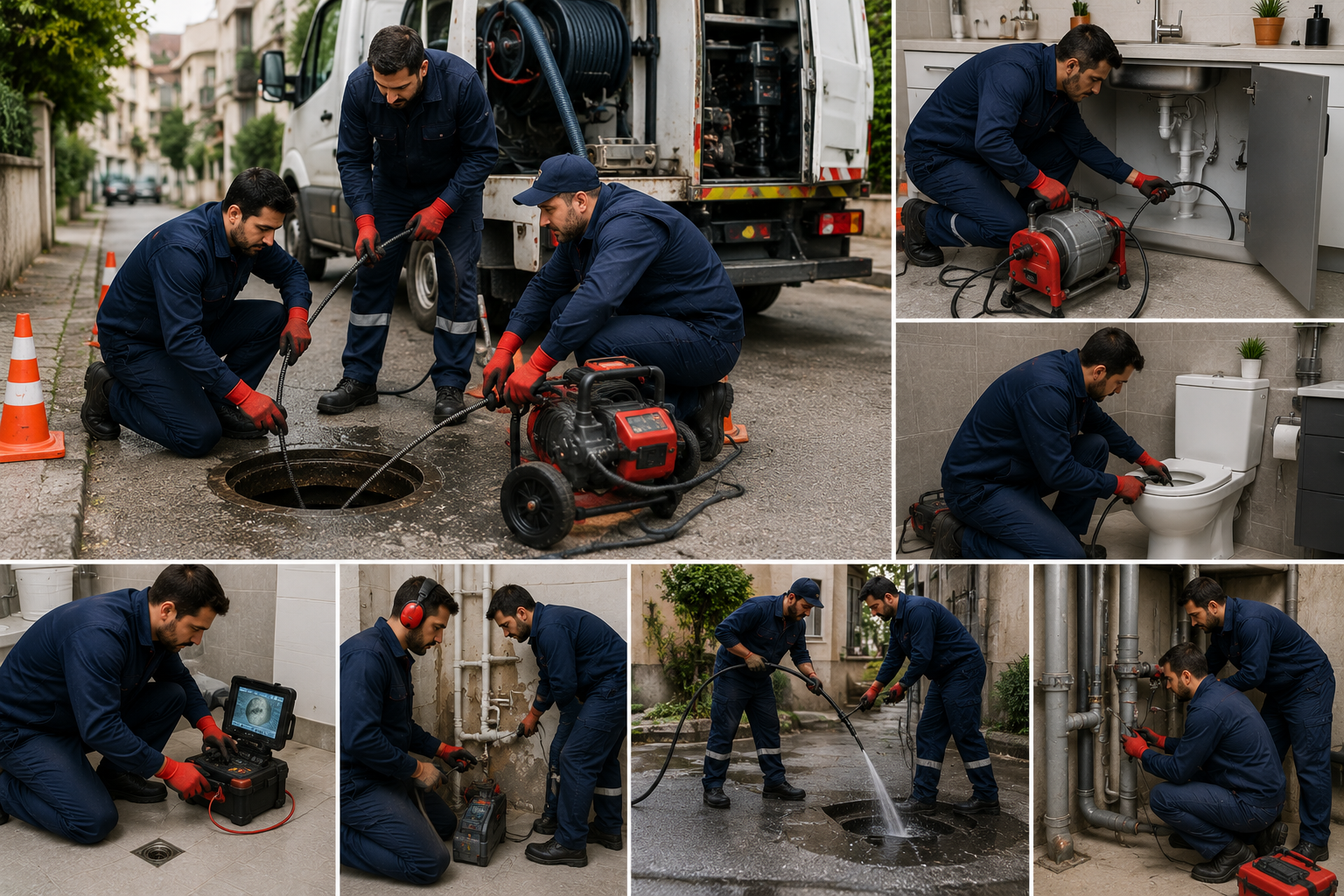 Şık bir banyoda duş teknesi gideri kontrolü yapan tesisatçı